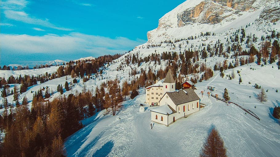 italy, alta badia, alpine, ski, drone, yuneec, church, snow