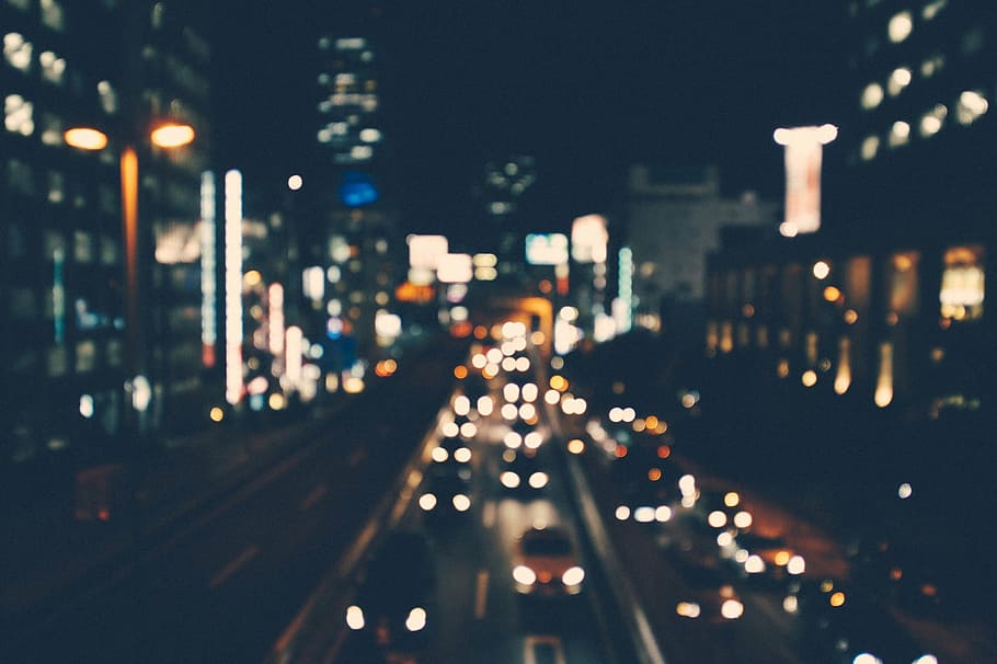 vehicles on road at night, city, view, nighttime, blurry, lights, HD wallpaper
