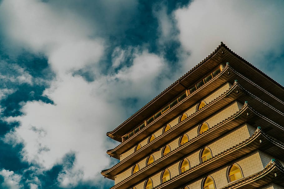 structural shot of temple, low angle photography of pagoda, building HD wallpaper
