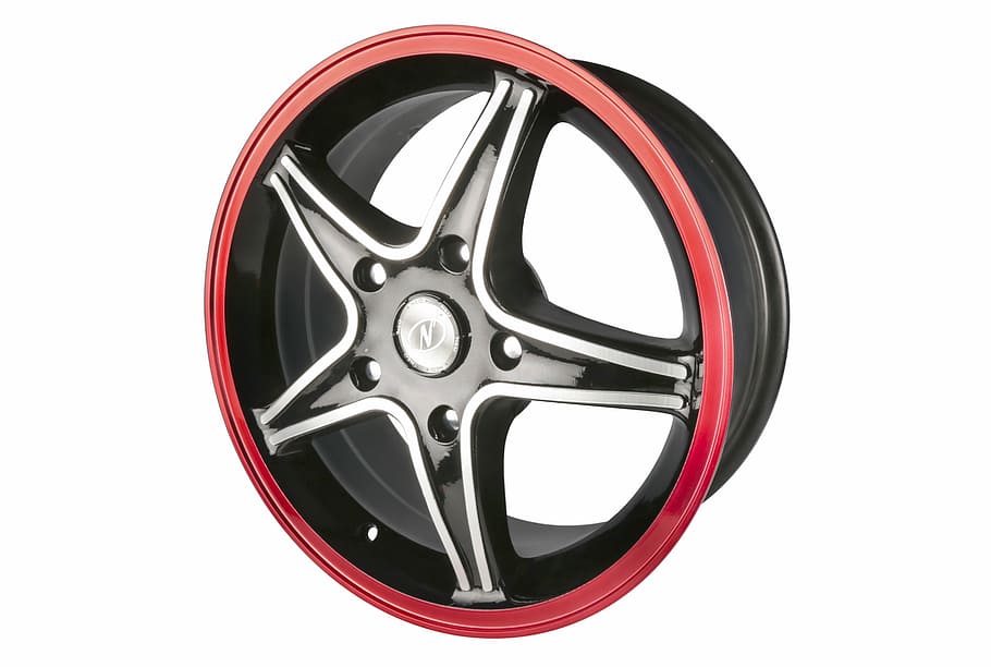 silver, red, and black 5-spoke vehicle wheel, alloy, car, white background HD wallpaper