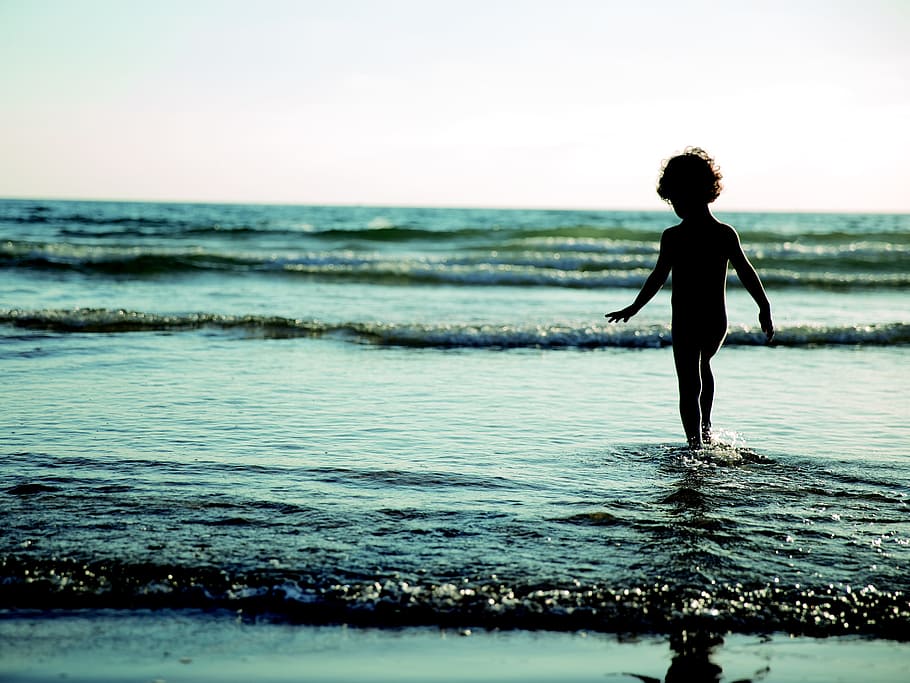 toddler walking on body of water, beach, child, sand, summer HD wallpaper