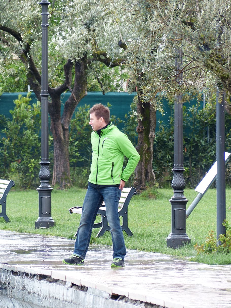 man, human, wind, windy, forward, storm hair, jacket, green HD wallpaper