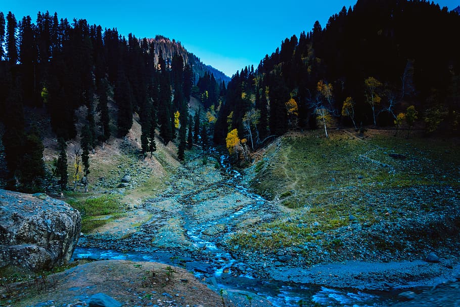 mountains, dark, evening, autumn, river through the mountains HD wallpaper