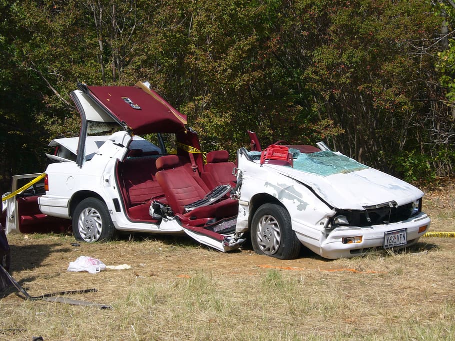 crashed white car near tree, vehicle, transportation, accident