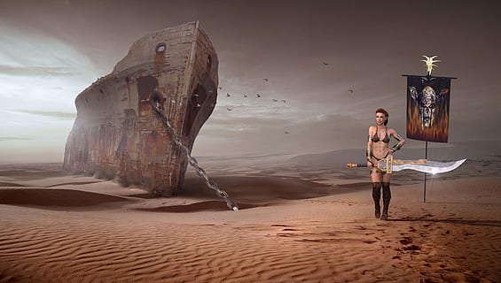 female computer game character standing beside shipwreck in desert HD wallpaper