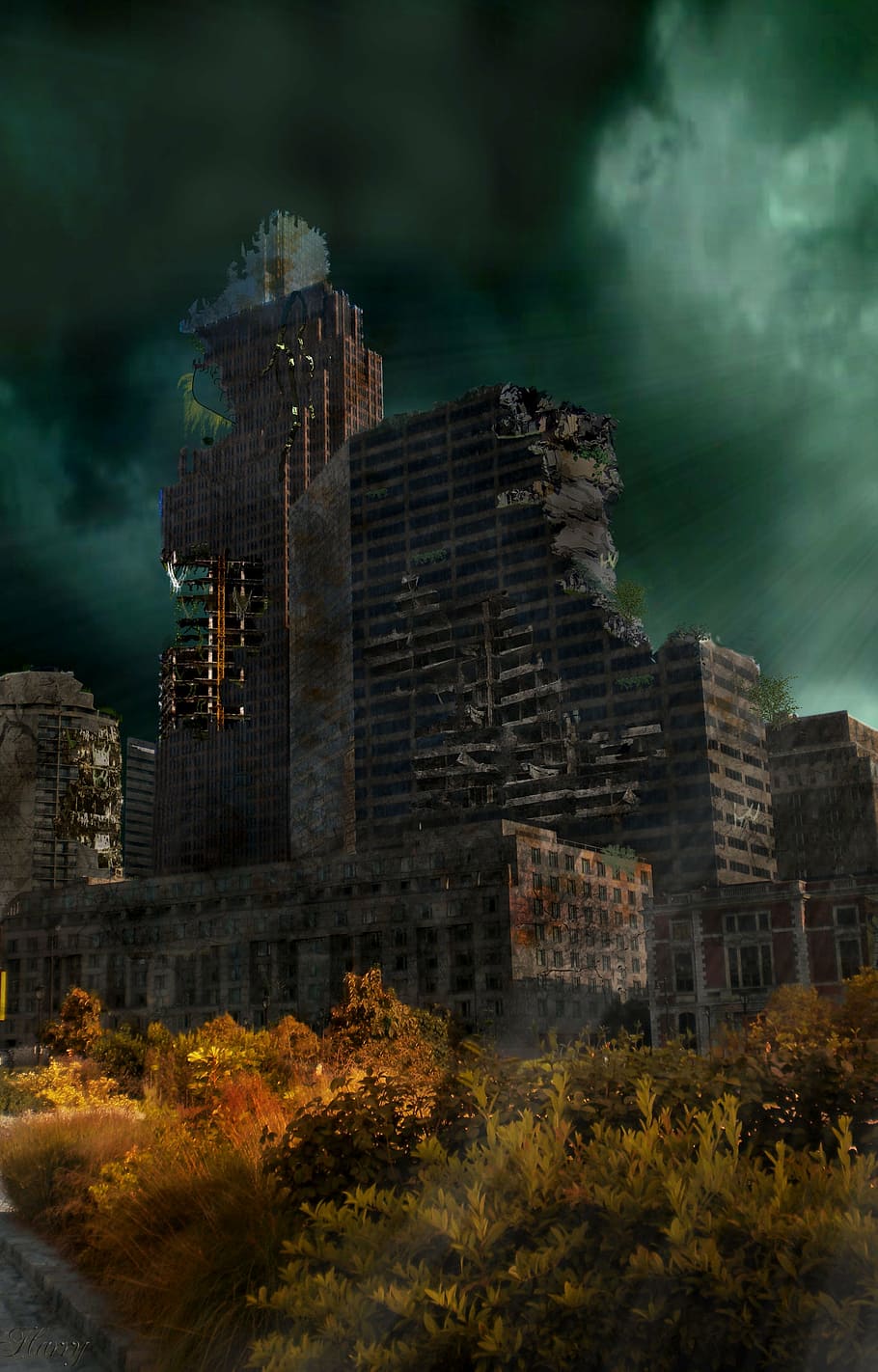 destroyed building illustration, fantasy, facade, clouds, mystical HD wallpaper