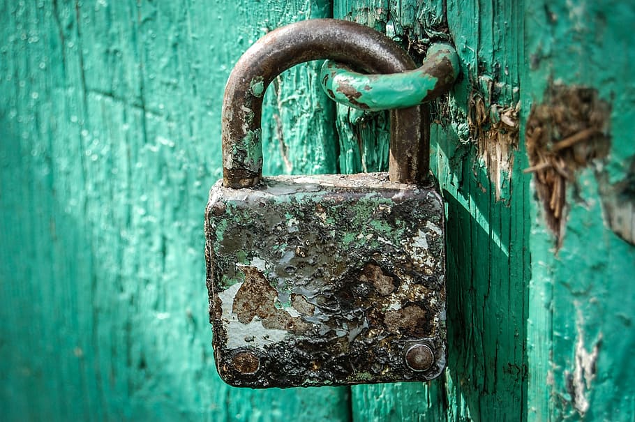 locked brown padlock, by wlodek, old, close, hack, closed, rust, HD wallpaper