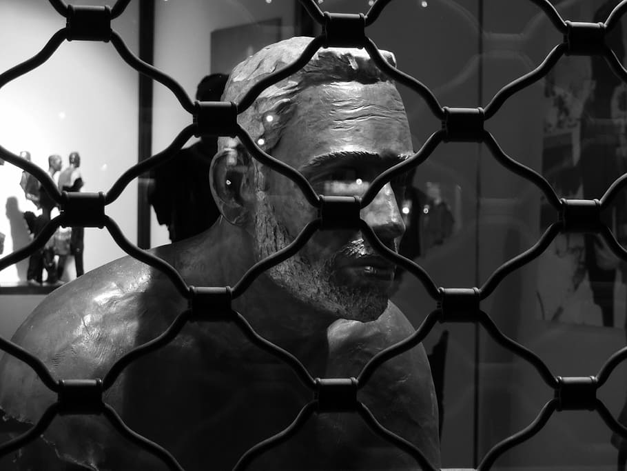 grid, window, man, statue, face, close-up, representation, horned HD wallpaper