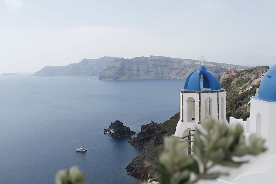 Blue Hue, lighthouse near body of water and boat, mountain, building HD wallpaper