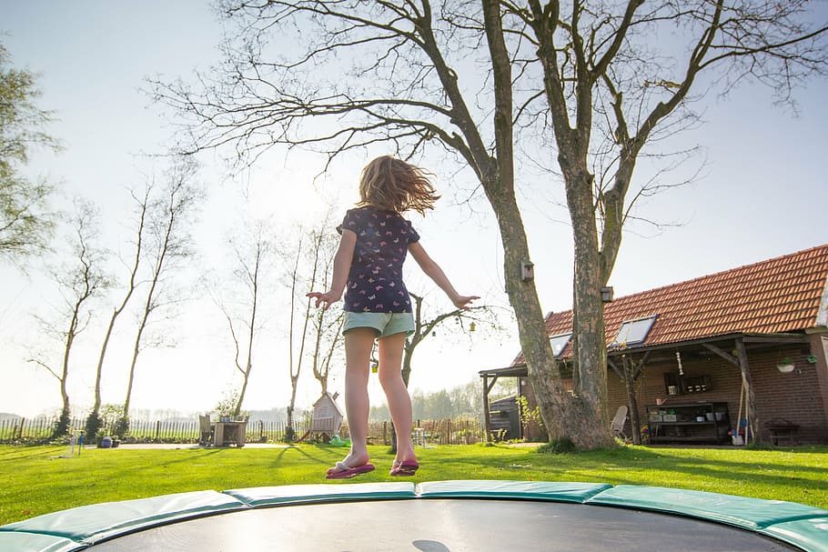 black trampoline, girl, play, jump, fun, activity, child, childhood