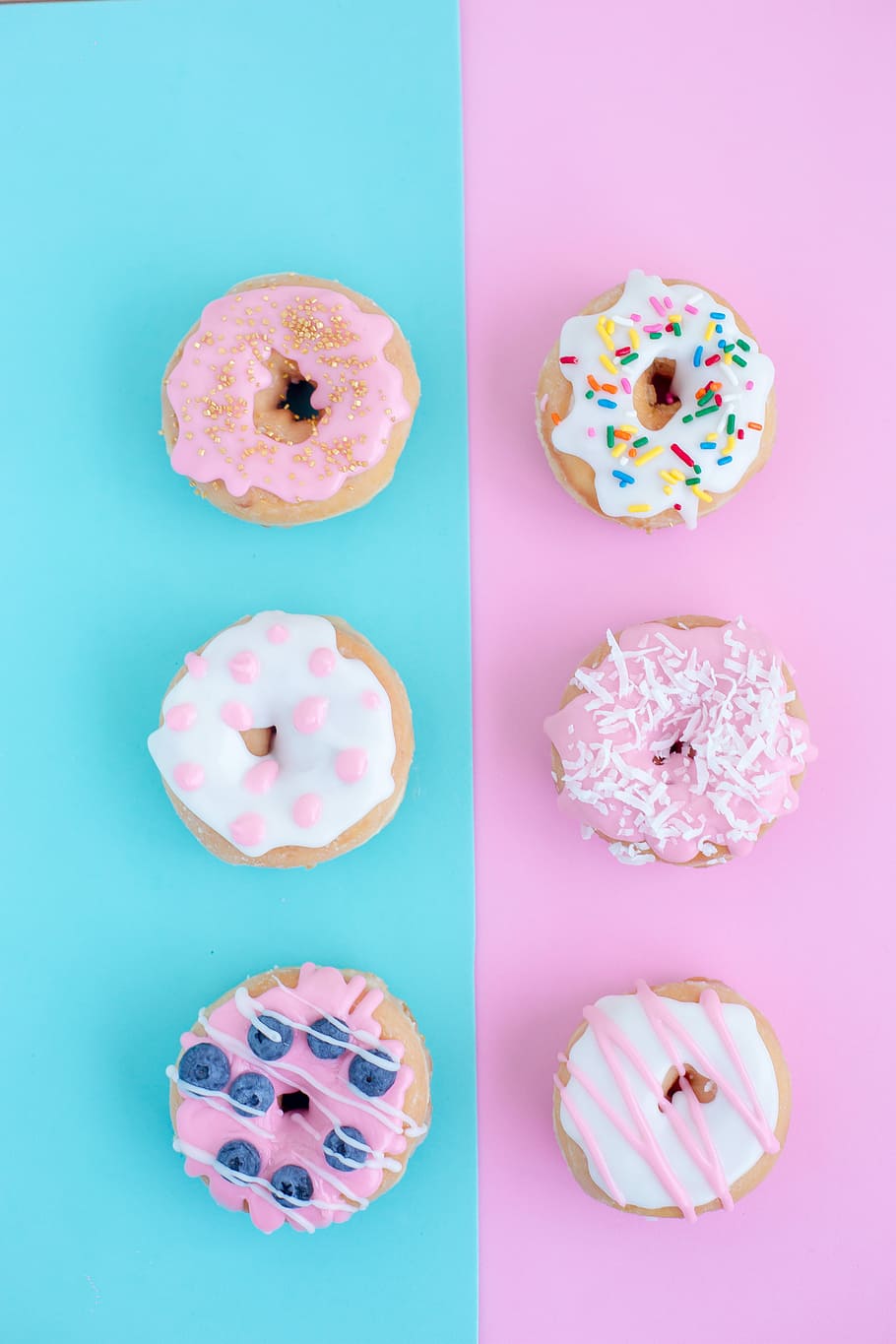 six assorted-flavor doughnuts, six assorted doughnuts, food, cake