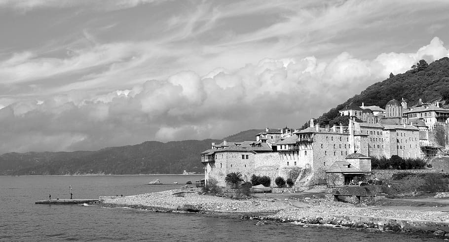 athos mountain, greece, monastery, church, black and white, HD wallpaper