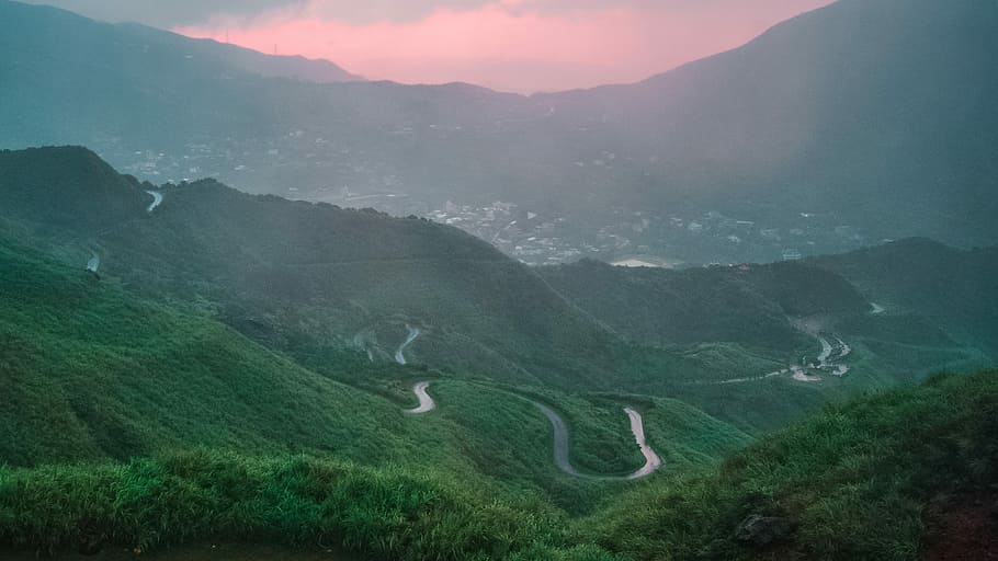 Jiufen, Taiwan, aerial view of green mountain and road, sunset HD wallpaper