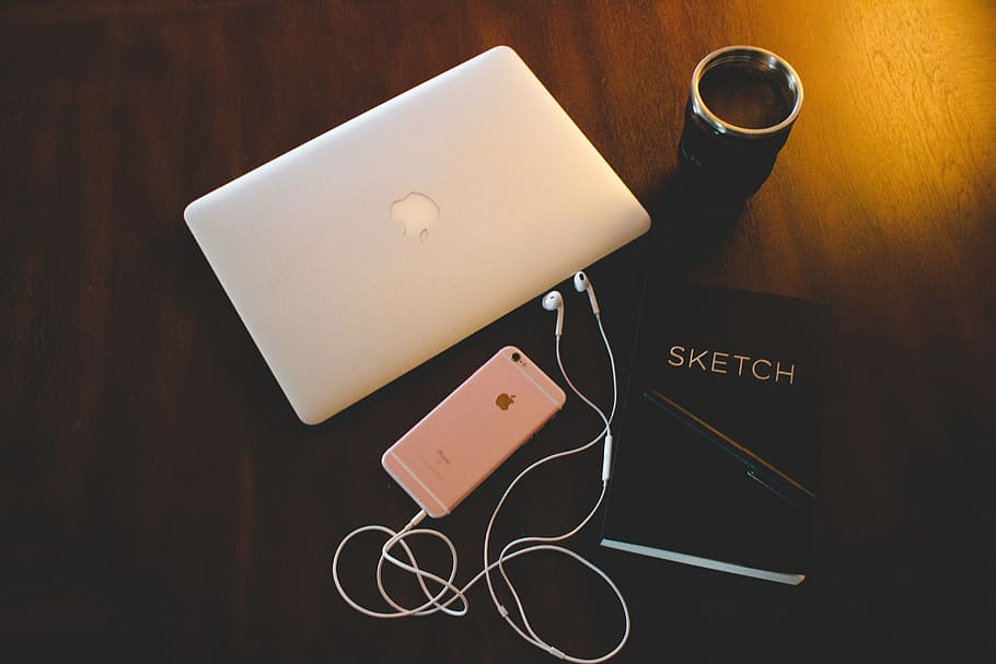 Laptop, sketchbook and iPhone mobile smartphone on a desk, technology, HD wallpaper