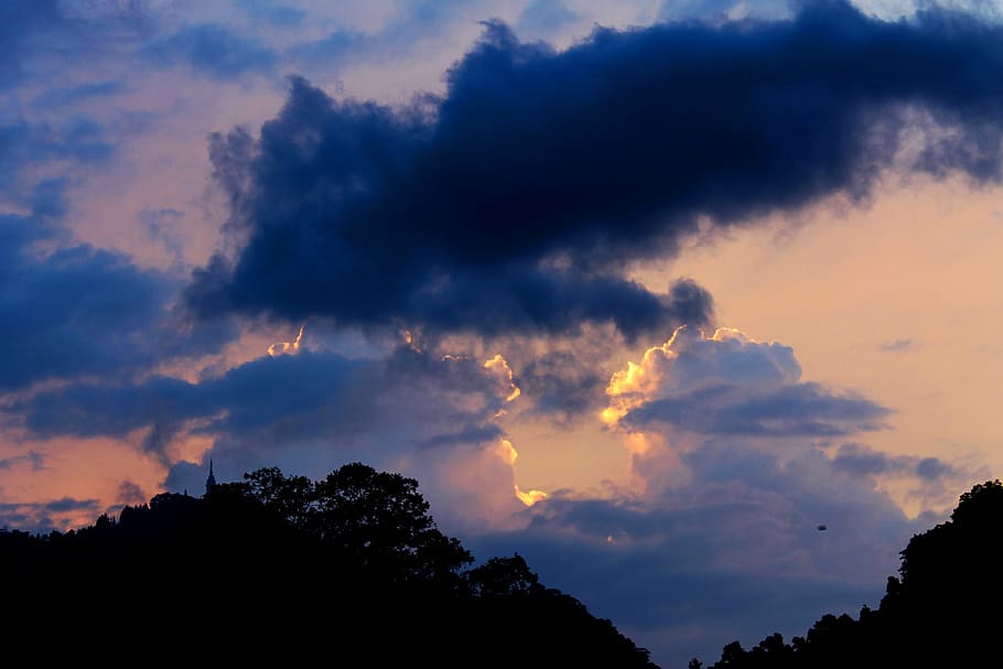 cloudy, dark, sunsets, evening, dusk, silhouettes, trees, plants HD wallpaper