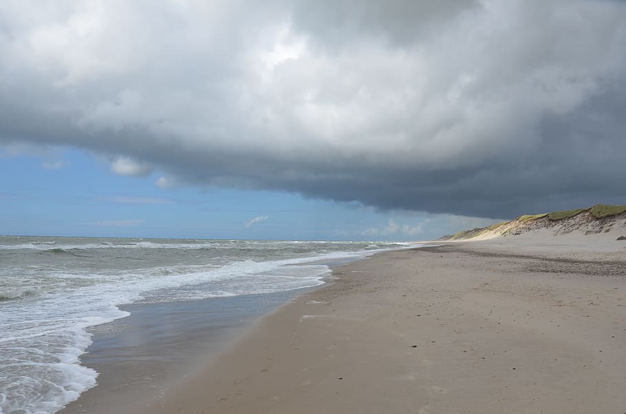 denmark, north sea, beach, threatening sky, dune, coast, water