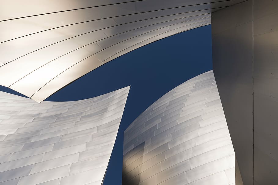 worms eye photography of white building, walt disney center, concert hall