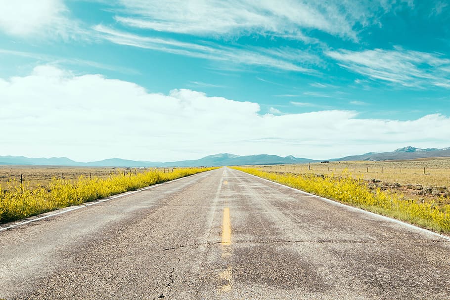 road, path, green, grass, field, mountain, view, landscape HD wallpaper