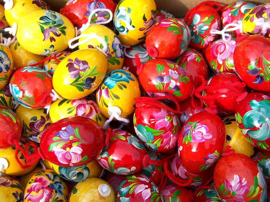 red-and-yellow floral egg decor lot, hand-painted easter eggs HD wallpaper