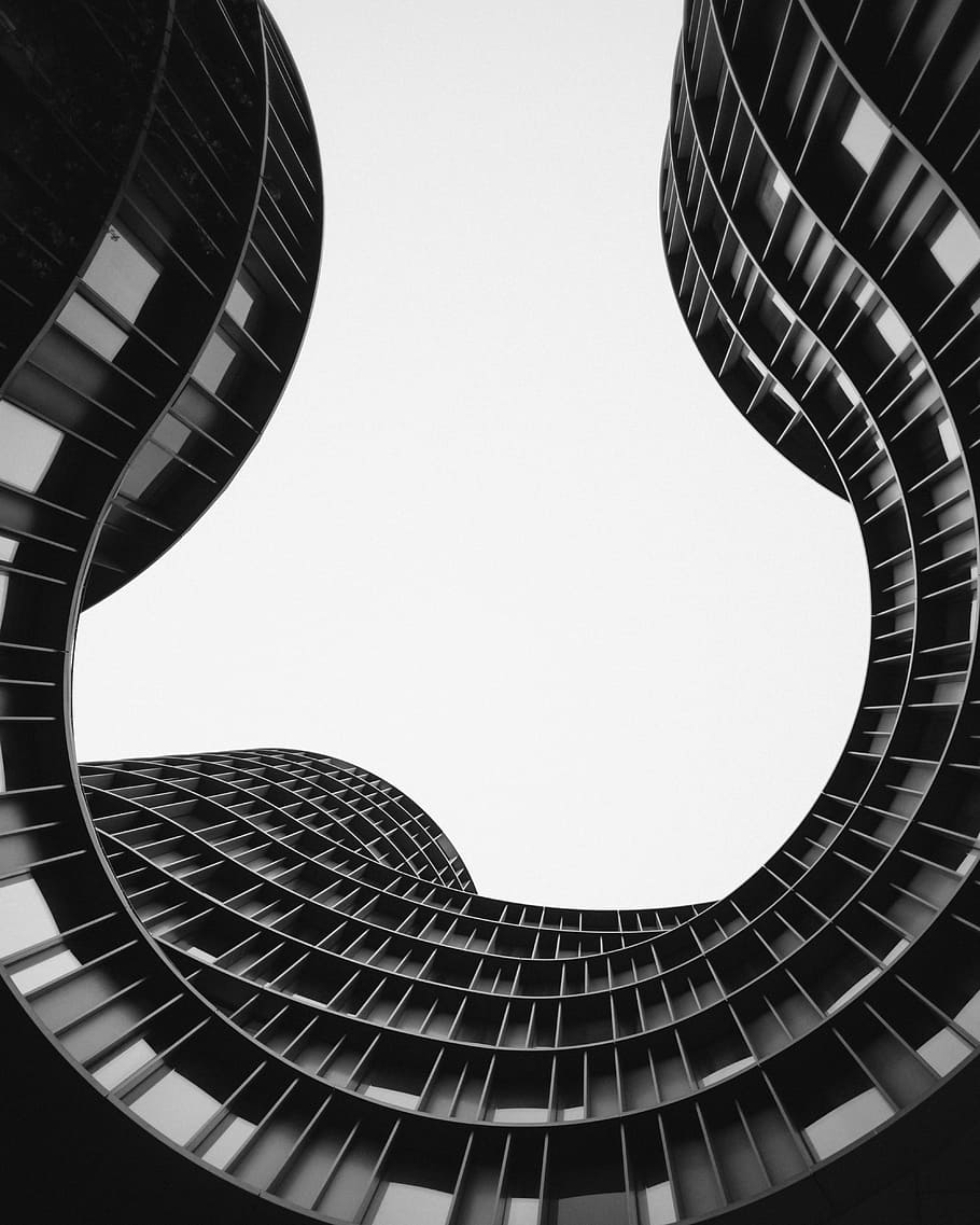 grayscale photo of low angle view of building, wormeye photo of building HD wallpaper