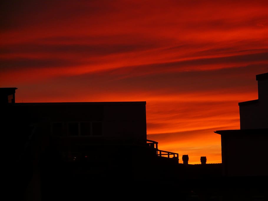 Sunset, Clouds, Fire, afterglow, sky, burn, home, architecture HD wallpaper