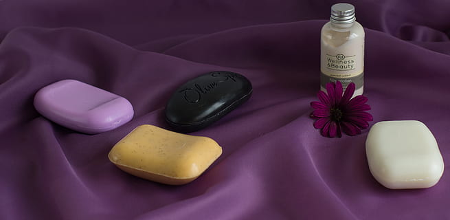 four assorted-color soap bars on purple textile, Hygiene, Spa HD wallpaper