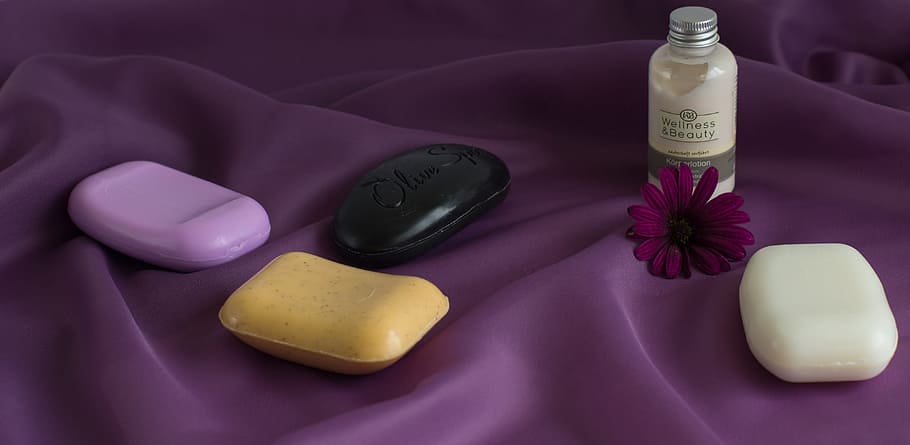 four assorted-color soap bars on purple textile, Hygiene, Spa HD wallpaper