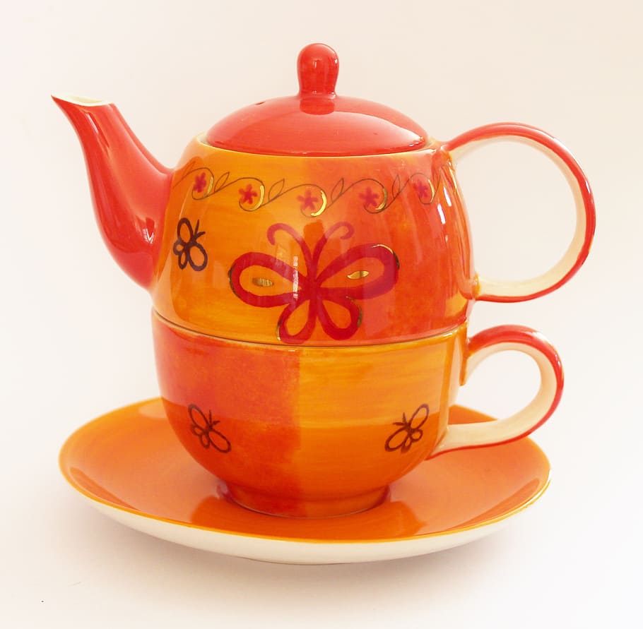 brown ceramic Turkish teapot on orange saucer, cup, drink, tableware HD wallpaper
