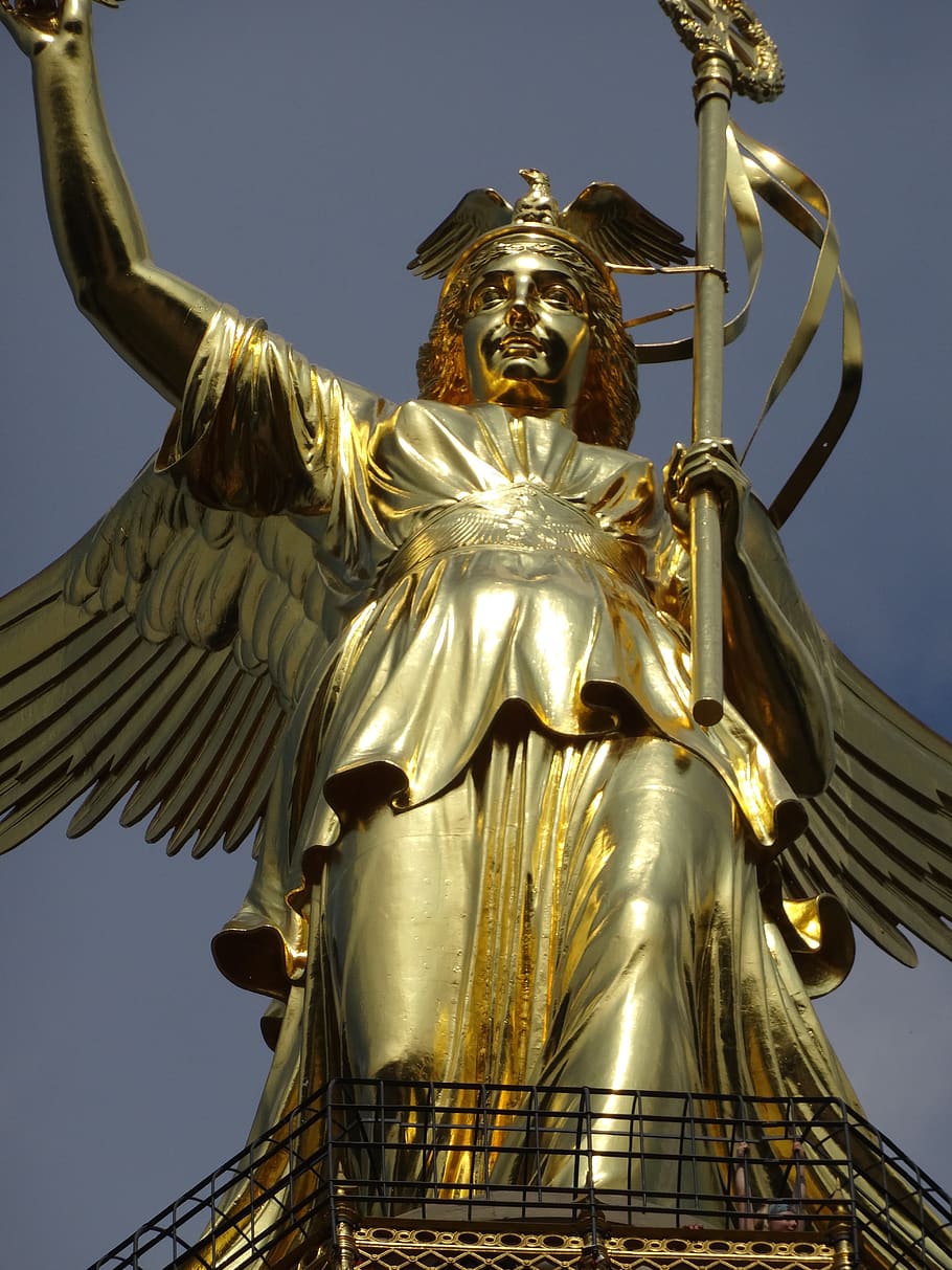 statue, sculpture, golden, art, siegessäule, berlin, gold else, HD wallpaper