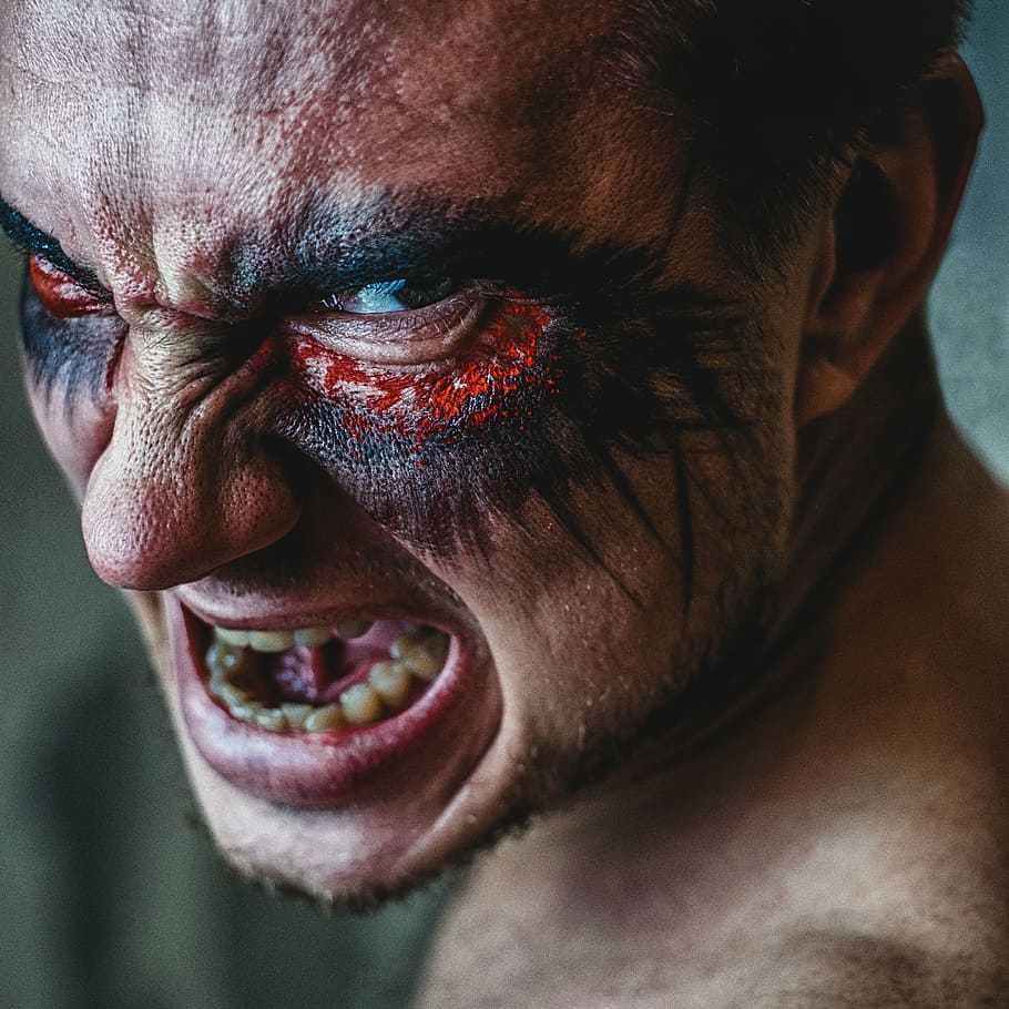 man with black and red cosmetic on eyes, daemon, grin, portrait HD wallpaper
