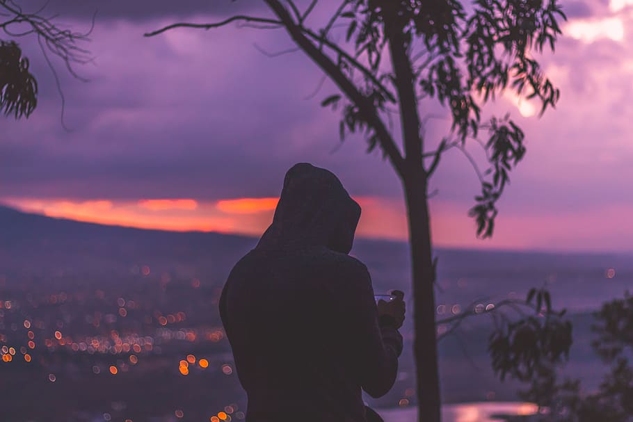 man on top of mountain and trees, sunset, view, landscape, highland HD wallpaper