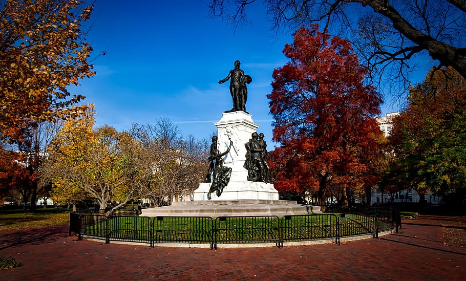 black statue during daytime, lafayette park, washington dc HD wallpaper