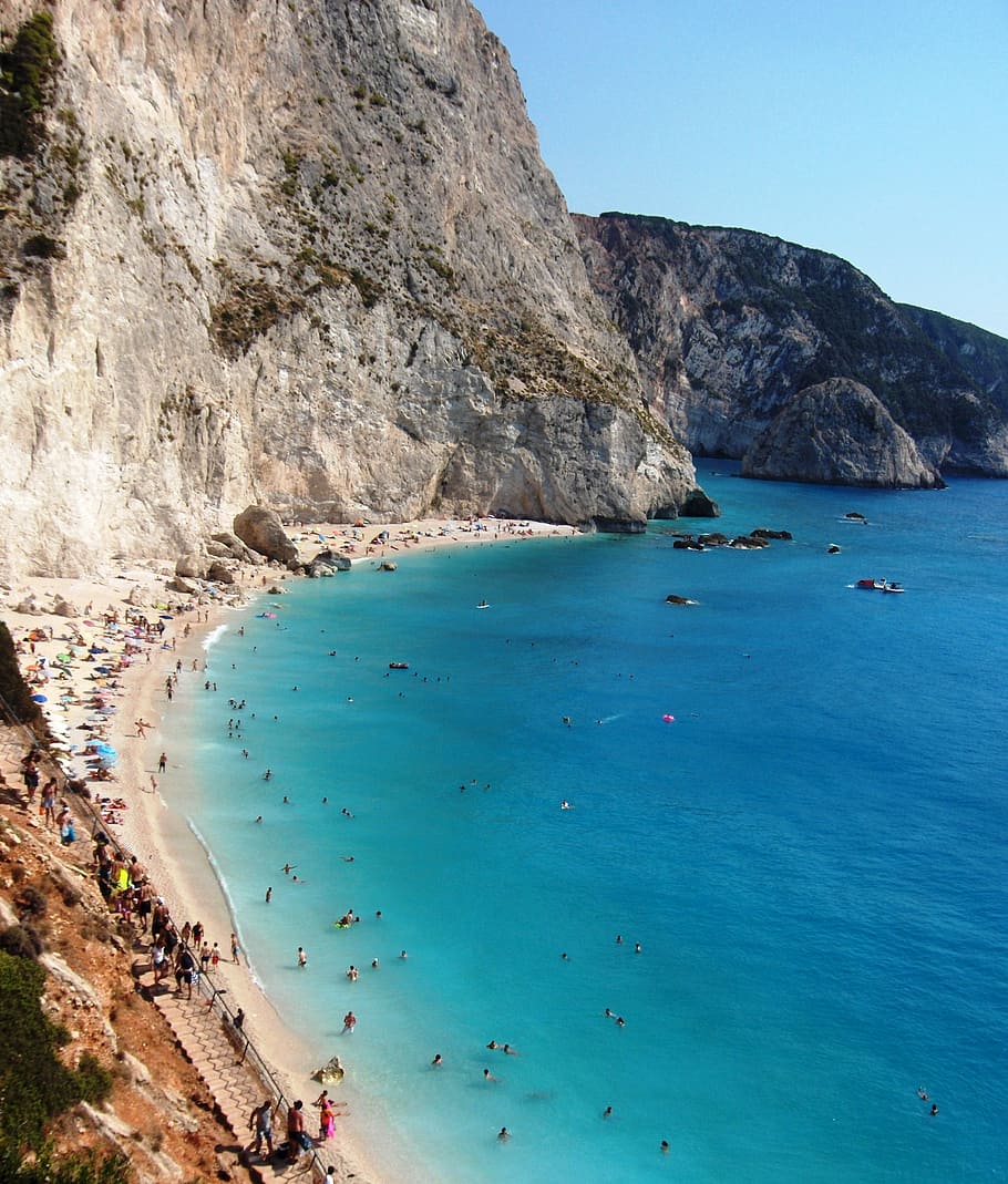 beach, cliff, steep, sea, blue, relaxation, tourism, coastline HD wallpaper
