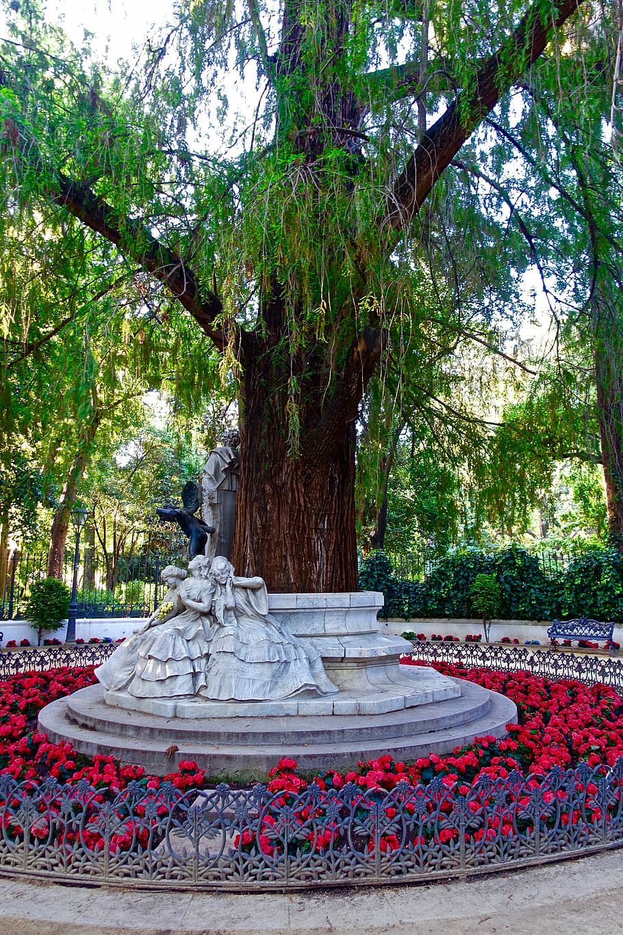 Tree, Flowers, Statues, Sculpture, red, decoration, garden HD wallpaper