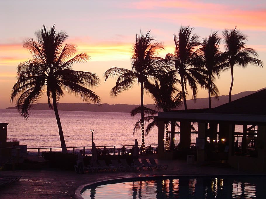 sunset, sun sunset, sea, clouds, pool, swimming pool, trees HD wallpaper