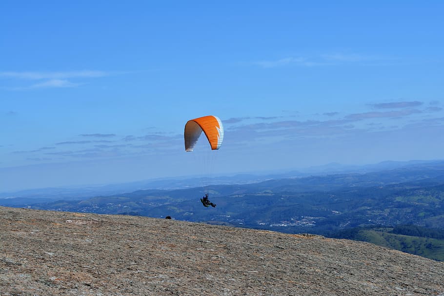 paragliding, flight, sky, blue sky, stone, mountain, jump, take off HD wallpaper