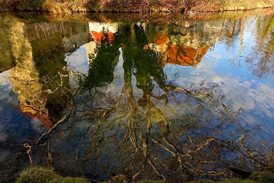 waters, reflection, nature, autumn, tree, ruin, plane, lake HD wallpaper