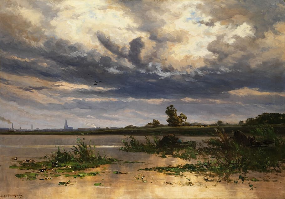 landscape painting of trees and grass near water, edmond de schampheleer
