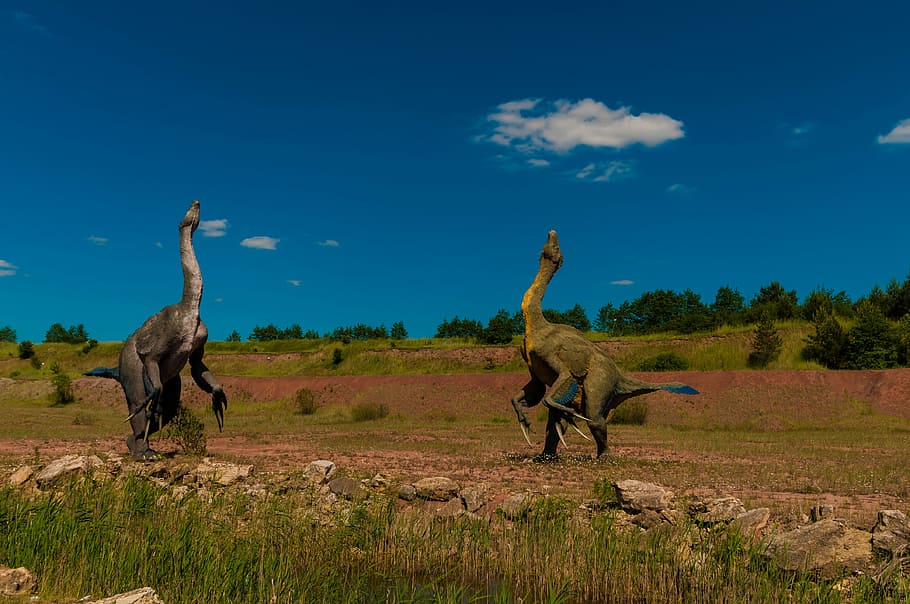 two dinosaurs on green grass field under blue and white cloudy sky