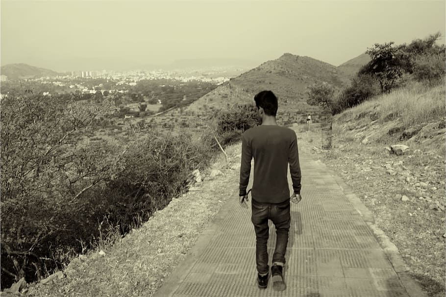 guy, man, walking, path, jeans, denim, shirt, people, mountains HD wallpaper