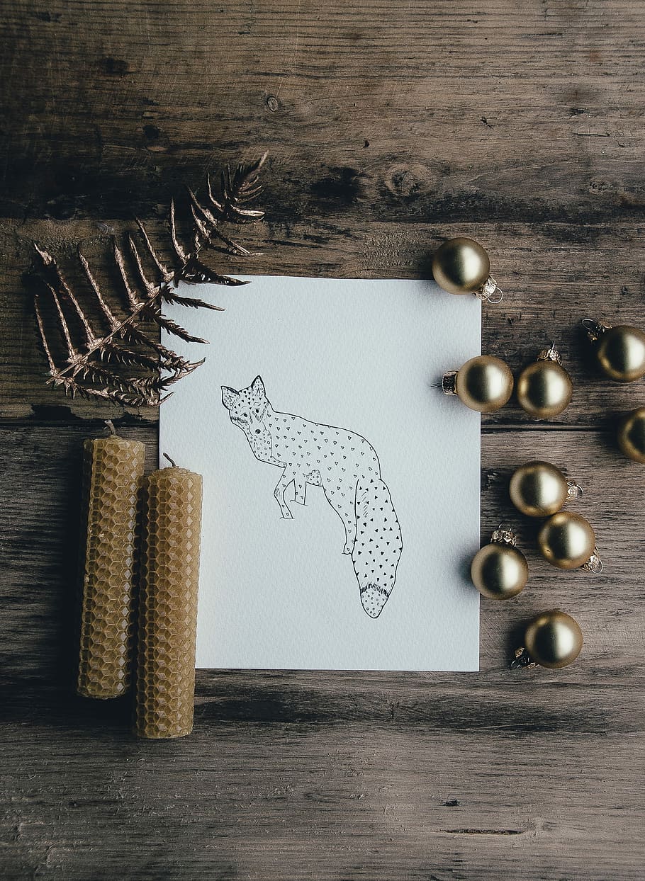 illustration of a fox, art, drawing, sketch, bauble, table HD wallpaper