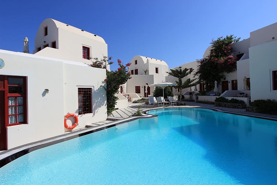 santorini, greece, resort, pool, architecture, swimming pool, HD wallpaper