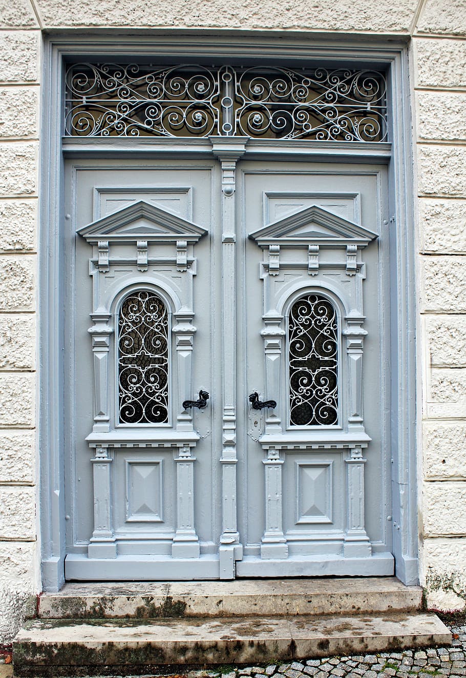 closed gray wooden doors, input, artfully, historicism, double wing door, HD wallpaper
