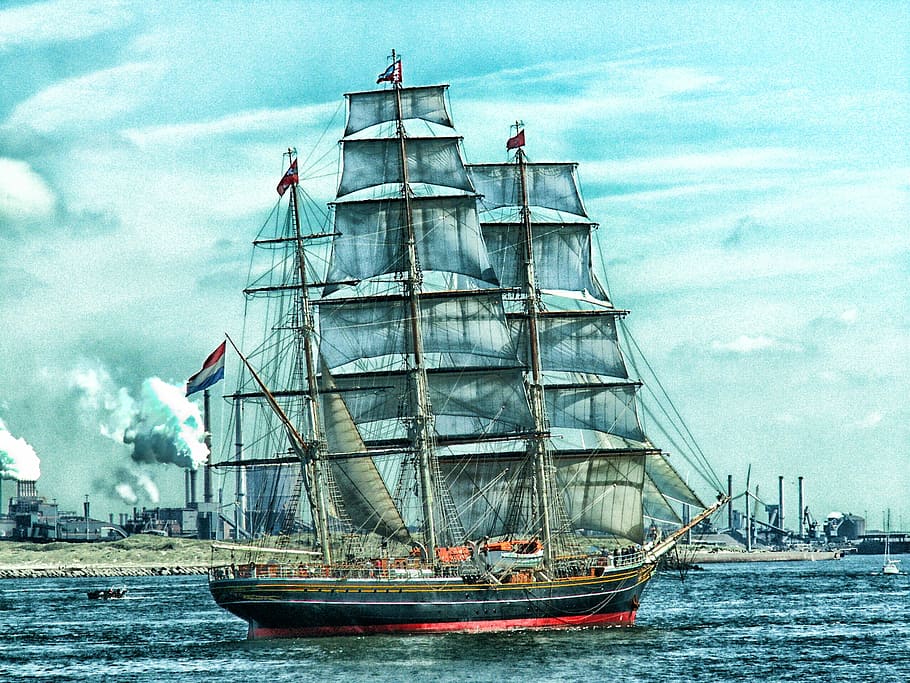 sail ship sketch, amsterdam, netherlands, sky, clouds, bay HD wallpaper