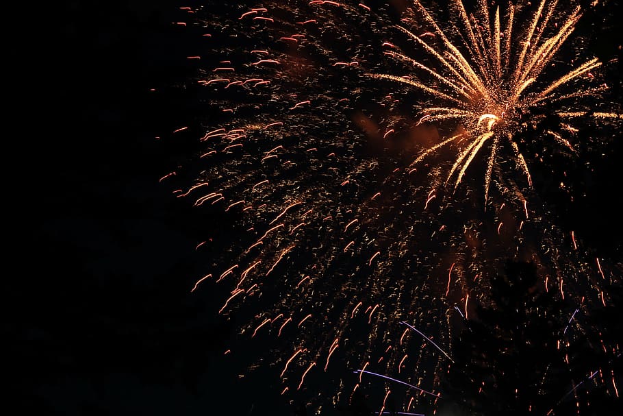 orange fireworks at night time, night sky, explosion, fireworks art HD wallpaper