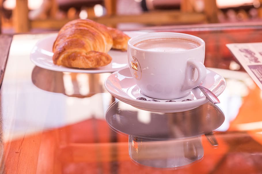 round white ceramic teacup and saucer, Hot Chocolate, Breakfast HD wallpaper