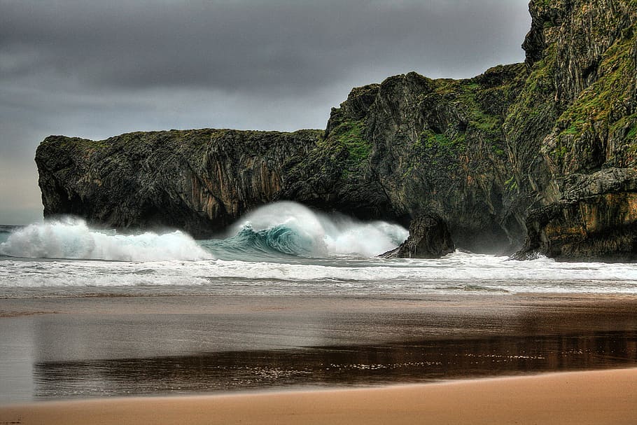 mountain seashore, time lapsed photo water waves, beach, rock HD wallpaper
