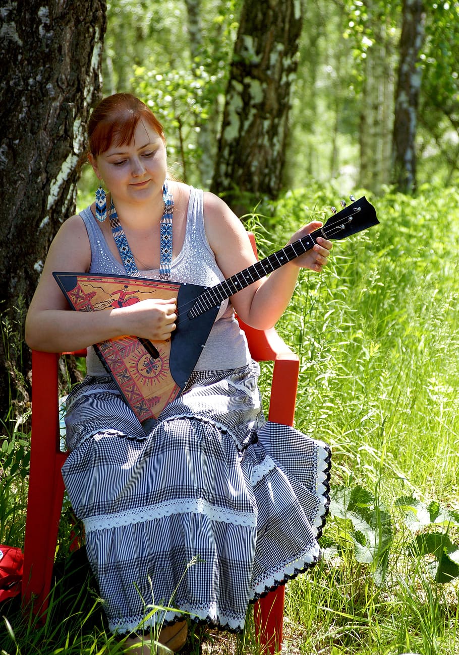girl with balalaika, musical instrument, russian folk clothes