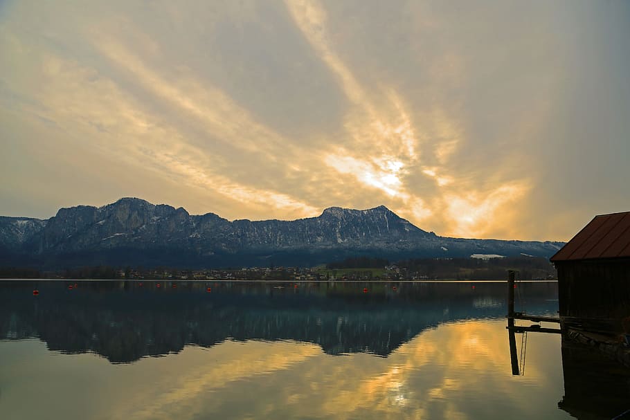 landscape, lake, clouds, nature, water, mountains, sky, hut HD wallpaper