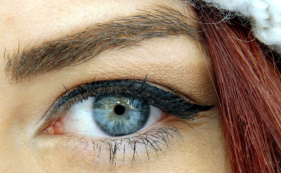 closeup photo of woman's left eye, blue, iris, gene, seductive HD wallpaper